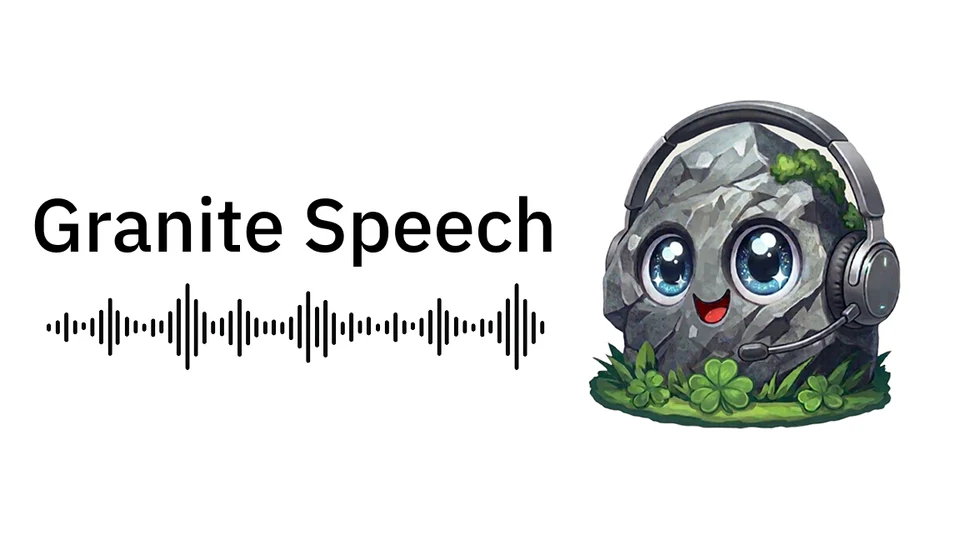 Granite Speech 문구와 음성 파형, 헤드셋을 쓴 돌 캐릭터가 있는 IBM 공식 대표 일러스트