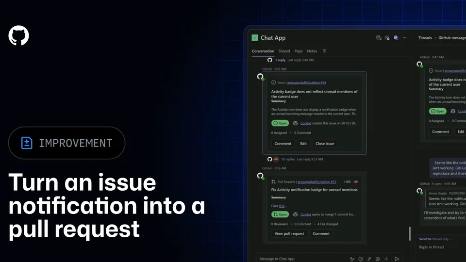 GitHub 공식 Teams 예시 화면에서 이슈 알림과 코드 수정안을 연결하는 모습